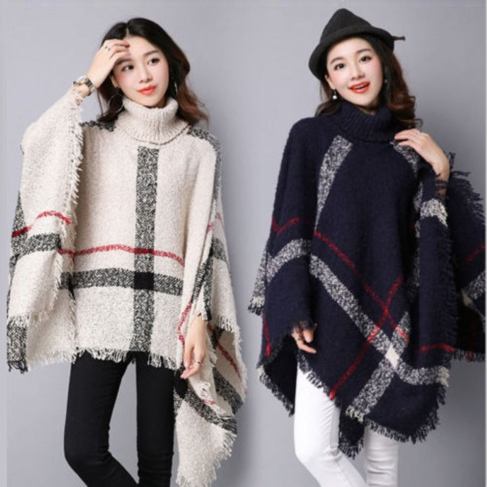 Plaid Poncho Sweater with Turtle Neck ONE SIZE - Picture 3 of 3